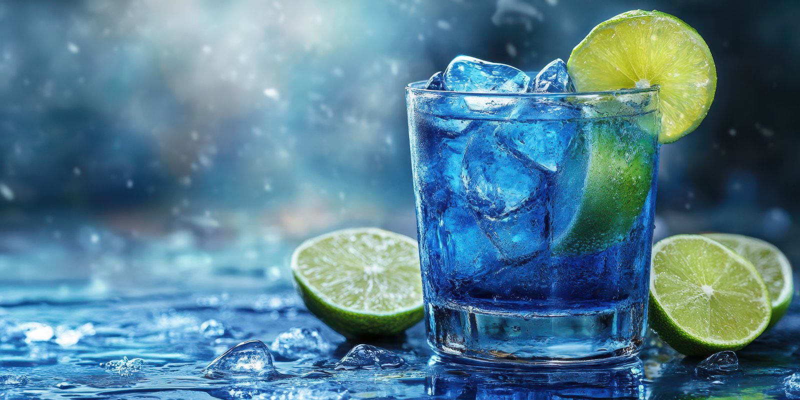 Refreshing cocktail with ice and lime slices on a blue surface during a summer evening